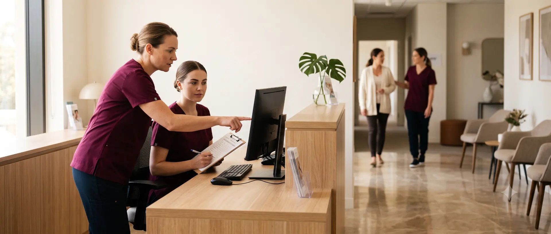 Equipe de recepção de clínica conferindo agenda no computador enquanto pacientes são atendidas ao fundo