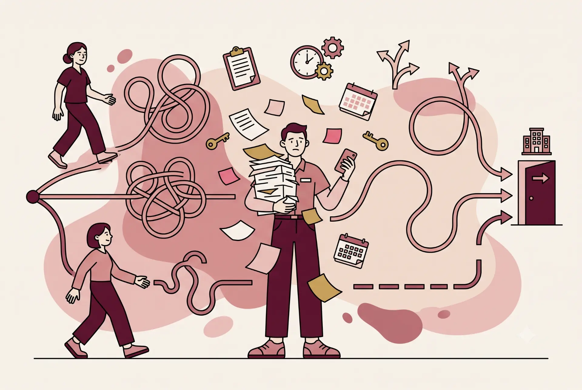 Ilustração de equipe de clínica lidando com processos desorganizados e caminhos confusos até a saída